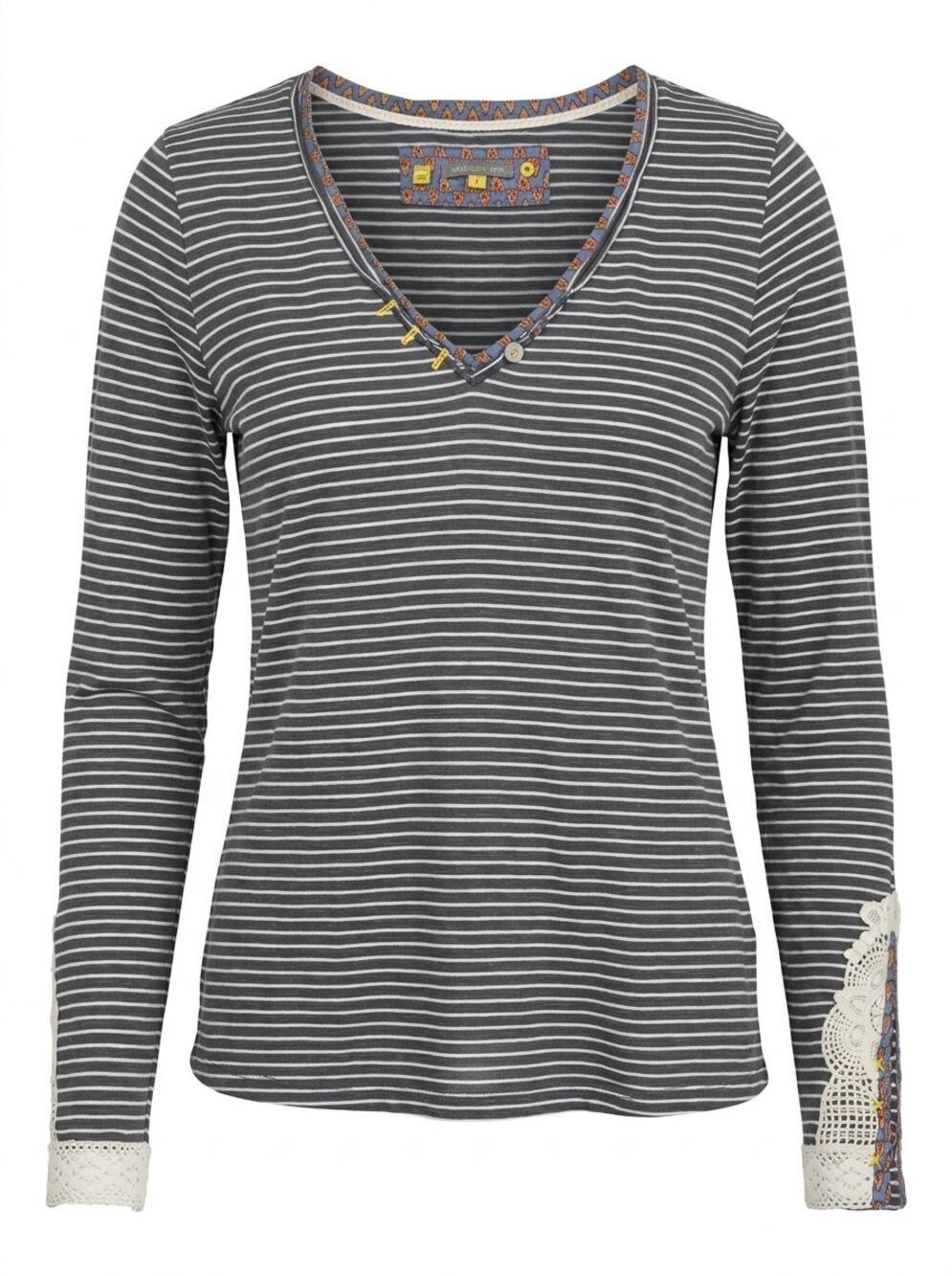 Little Yellow Button Gray Striped Lace V-Neck T-Shirt Women Size S